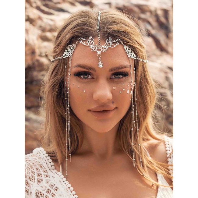 Jovono Boho Crystal Head Chain Silver Bridal Tassel Headpiece Bead Headband Festival Hair accessories for Women and Girls