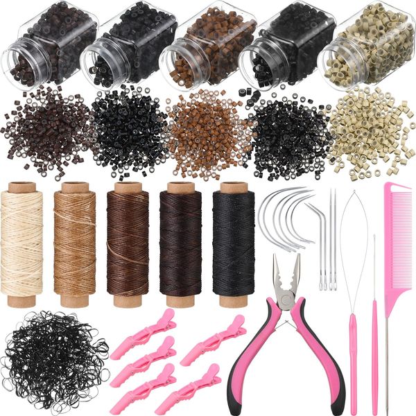 Tigeen 30 Pcs Hair Extension Tools Kit 1 Plier 2500 Silicone Lined Micro Rings 5 Rolls Sewing Thread 10 C/J/I Needle 1 Threader 1 Crochet Hook 1 Comb 200 Rubber Bands and 5 Hair Clips for Hair Styling