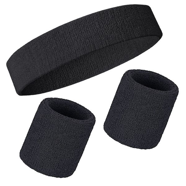 Schweißbänder Handgelenk Schweißbänder Stirnband Set Sport Wristbands Headbands 3 Stück,Sport Schweißband Armband Stirnbänder für Fußball Basketball Tennis Gymnastik (Schwarz)