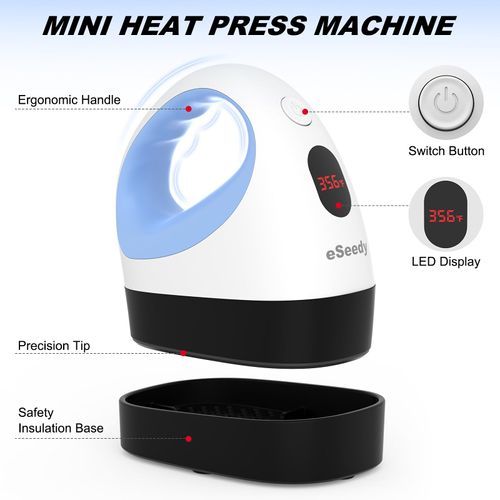 eSeedy Mini Heat Press Machine, 3 Heat Settings& Fast Heating, 15 Mins Auto-Off, Insulated Safety Base, Mini Iron for Crafting, T Shirts, Hats, Heating Transfer Projects(White Blue)