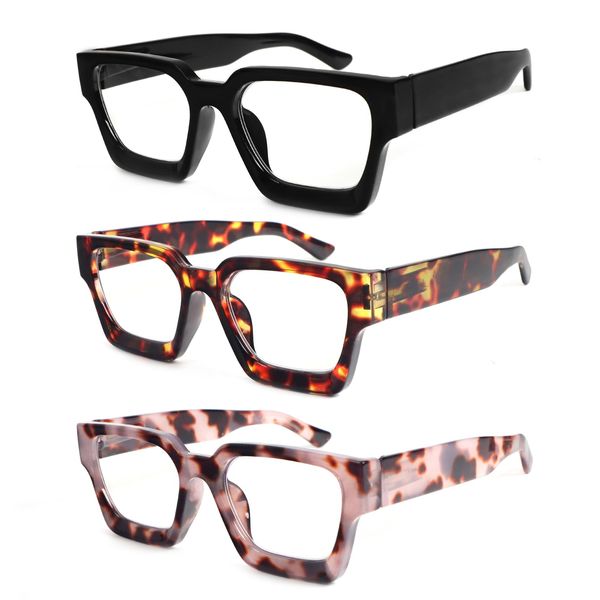 MMOWW 3 Pack Oversized Reading Glasses Square Frame for Women Men Blue Light Blocking Computer Readers Spring hinges +1.5
