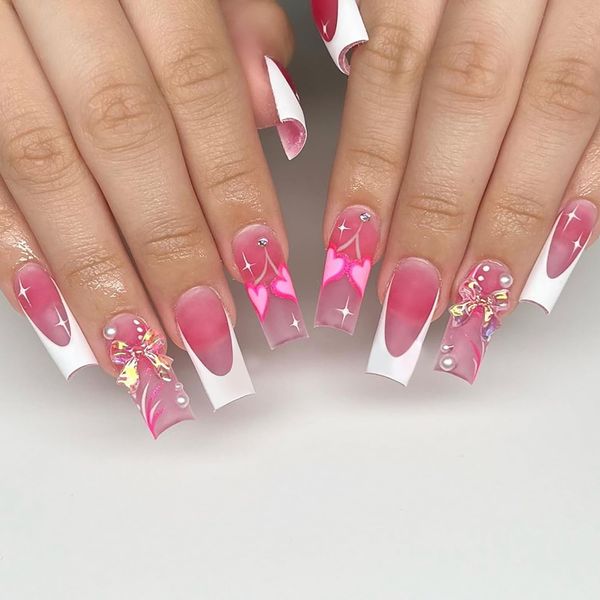 Vezocim Press on Nails Coffin Long French Tips Glossy Full Cover Acrylic Square Pink Fake Nails with Heart Bow Gems Designs Extra Long False Nails Glue on Fingernails with Charm for Women Girls