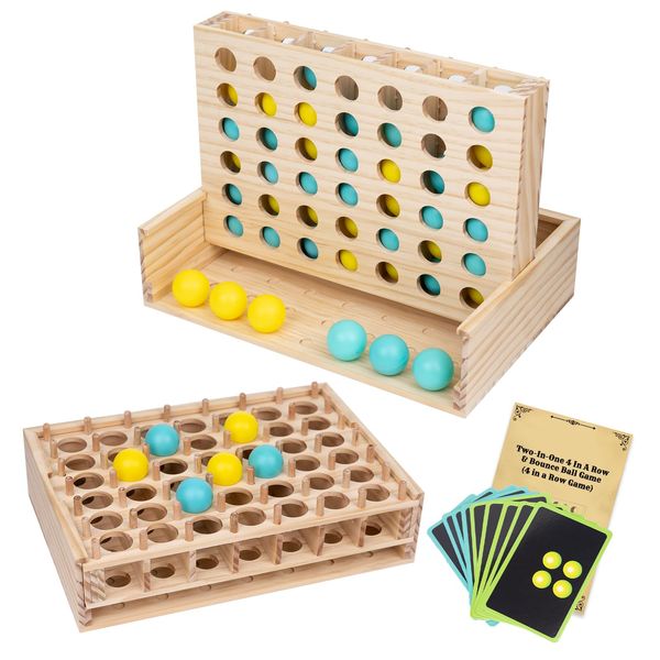 Wooden 4 in a Row & Bounce Ball Games,Two-in-One Four in a Row Game and Bounce Ball Party Game, Bounce Off Game for Friends and Family