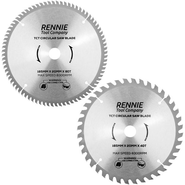 2 Pack - 185mm x 20mm Bore x 40T & 80T TCT Saw Blades. 185mm Circular Saw Blades For Fine Cuts x 20mm Bore + 16mm Bore Reduction Rings Fits Evolution Bosch Makita Ryobi Dewalt Circular Saws Etc