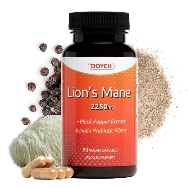 Lions Mane Supplement High Strength - 2250 mg Organic Lion's Mane Mushroom in Vegan Capsules - Pure Natural Focus Supplement Rich of Polysaccharide 30% with Black Pepper Extract - 3 Months Supply