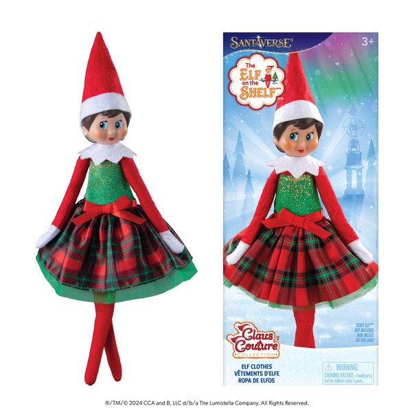 The Elf on the Shelf Claus Couture Gifts and Glamour Party Dress for Your Scout Elf - Includes Timeless Red and Green Plaid Party Dress with Sparkly Green Bodice