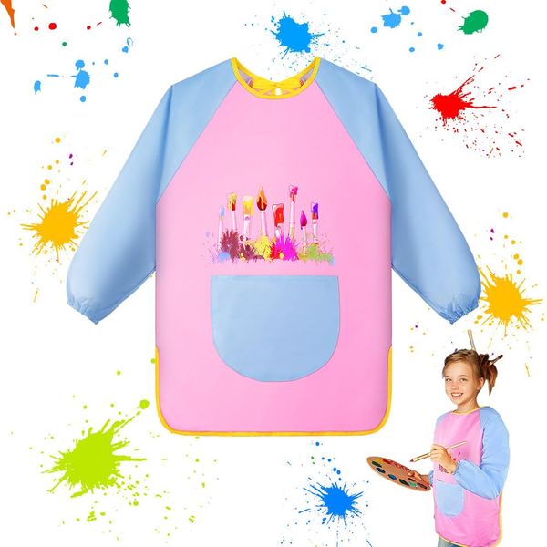 OSDUE Kids Paint Apron, Kids Art Smock Toddler Smocks, Long Sleeve Toddler Play Aprons with Pockets, Waterproof Painting Smock for Cooking, Eating, Arts & Crafts Paint Apron for Children Age 7-12