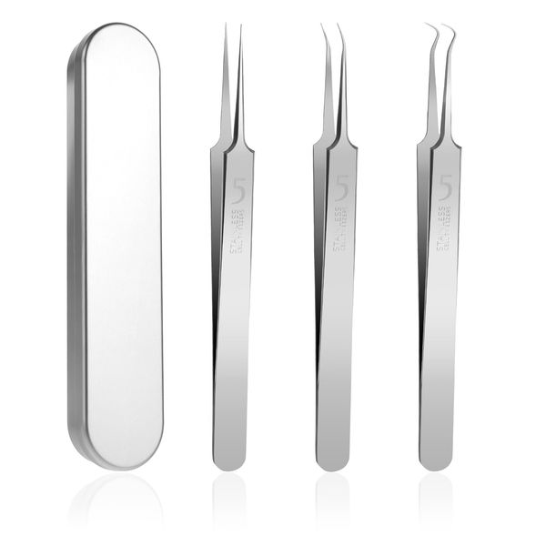 Bewudy Professional Facial Blackhead Remover Tweezers, 3Pcs Precision Pimple Popper Tool Kit, Stainless Steel Blackhead Tweezers for Whitehead Ance Blemish Comedones Stainless Steel Makeup Tool (3)