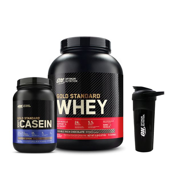 [+Shaker] Optimum Nutrition Gold Standard Whey 2.27kg 74 servings Chocolate flavor + Gold Casein Choco 850g