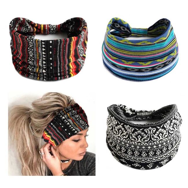 Zoestar Breites Stirnband Boho Streifen Kopf Wrap Blau Knoten Turban Stirnband Stretch Yoga Haarband für Frauen und Mädchen (3 Stück)