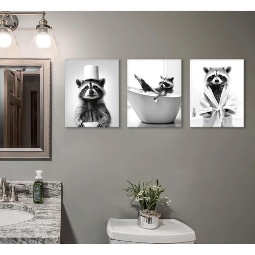 3Pcs Cute Raccoon Bathroom Canvas Wall Art Funny Raccoon Prints Wall Decor Country Animal Pictures Fun Bathroom Modern Fun Bathroom Animal Painting Posters for Bathroom Toilet Framed