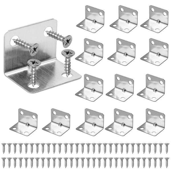 L Bracket - Vaktop 15PCS Angle Brackets, Stainless Steel Corner Brackets, 90 Degree Corner Brace with 60 Screws, Metal Brackets for Wood Furniture Fixing and Repairing (Silver, 23*23*30mm)