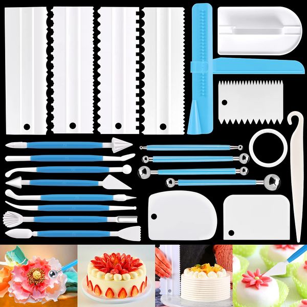 22Pcs Cake Decorating Kit Fondant Smoothing Tools Cake Scraper Buttercream Smoother Polisher Cake Edge Scraper Cutter Icing Comb Cake Modelling Tool Sugarcraft Fondant Tools for Beginner Professionals