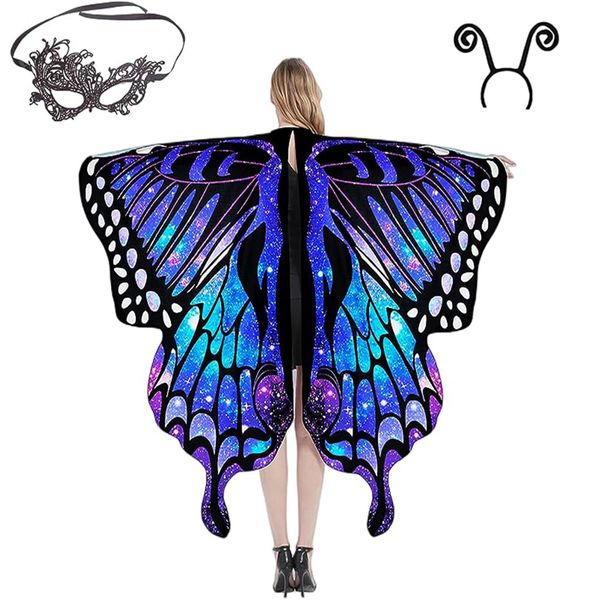 MiiDD Butterfly Wings Adult Butterfly Costumes Fairy Wing Cape Womens Butterfly Shawl Colorful Butterfly Cape Nymph Pixie Costume Accessory for Christmas Halloween Cosplay(Starry Blue)