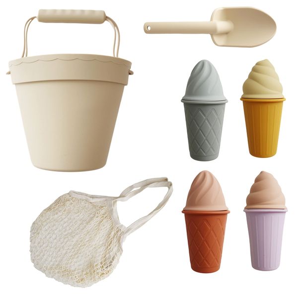 Marlowe & Co Silicone Ice Cream Toy Beach Set, Silicone Bucket, Shovel, 4 Ice Cream Cone Sand Molds, Beach and Pool Toy Beach Essentials (Classic Retro)