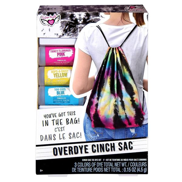 Fashion Angels Overdye Tie Dye Kit- (12708) Cinch Sak DIY Tie Dye Set, Includes Non Toxic Dyes, Drawstring Bag, Gloves, and Elastic Bands, Recommended for Ages 8 and Up, Multi