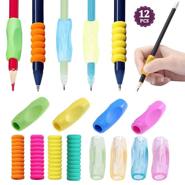 Devenirriche 12 Pack Multicolor Pencil Grips, Children's Silicone Finger Grips Holder Foam Pen Holder Non Slip Pen Gripper, Writing Pencil Training Grip for Toddlers, Students and Adult