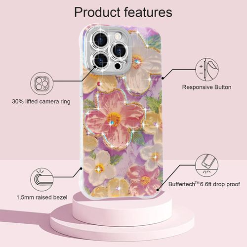 Lafunda for iPhone 13 Pro Max Case for Women Girls, Cute Colorful Retro Oil Painting Flower Floral Elegant Bling Diamond Camera Cover TPU Shockproof Phone Case for iPhone 13 Pro Max, Pink Yellow