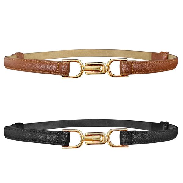 LECTNORE 2Pcs Women Skinny Leather Belt Adjustable Women Belts Waist Belt with Metal Buckle for Dresses (Black/Brown)