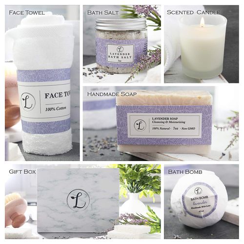 Spa Gift Set, Natural Lavender, Gift Box Includes Bath Bomb, Bath Salt, Hand Soap, Scented Candle, Face Cloth and Gift Box. Best Gift for Her (Personalize Your Name)