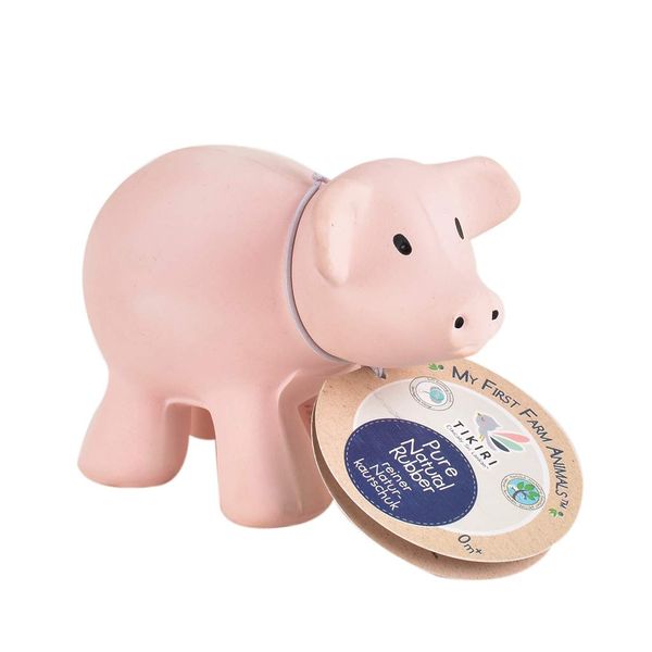 Tikiri My First Farm Animal Pig Natural Rubber Rattle (Pink)