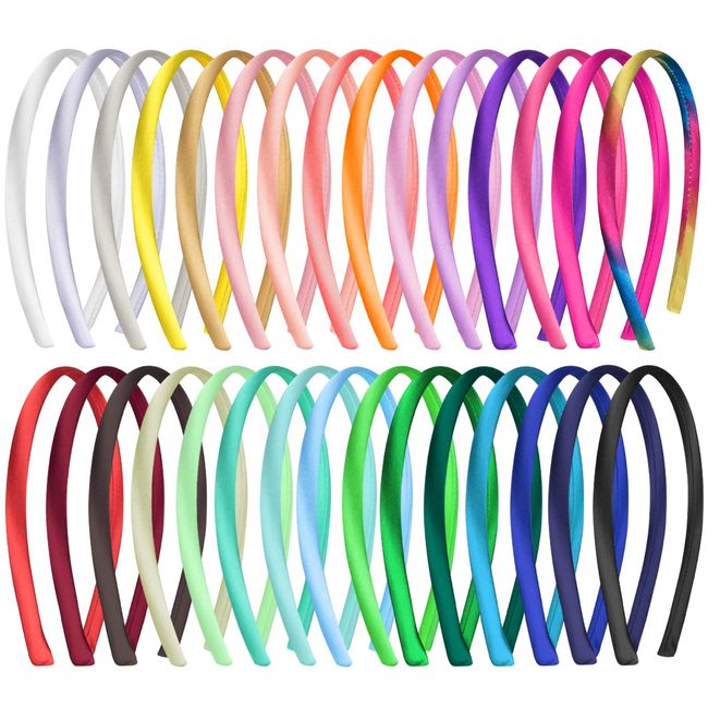 Duufin 30 Pieces Plain Headbands Satin Craft Headband 1cm DIY Headband Colorful Satin Coverd Headband for Girls and Women, 30 Colors