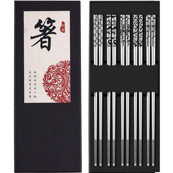 Chopsticks Metal Reusable 304 Stainless Steel Chop Sticks Dishwasher Safe Multipack with Laser Engraved Pattern Fancy Lightweight Reusable Chopsticks for Japanese Korean Chinese Food 5 Pairs Gift Set