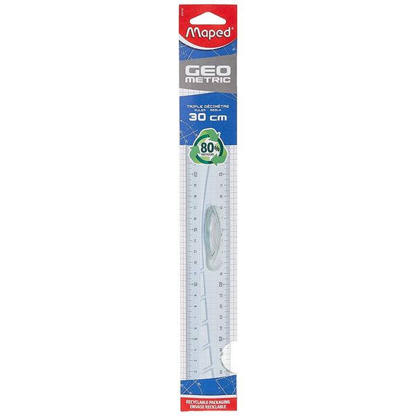 Maped 242130 Flat Geometric Ruler, 300 mm Plastic Drinker with Handle