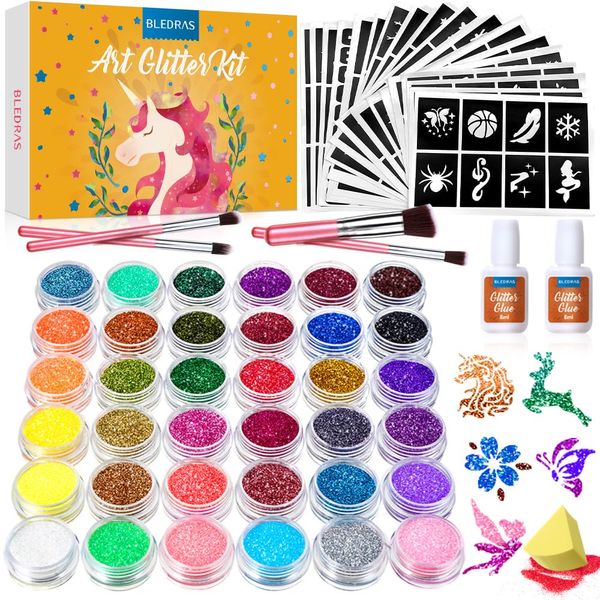 Glitter Tattoo Set, Bledras 36 Colors Kids Tattoo Set, 178 Stencils, 5 Brushes, 2 Glue, Flash Tattoo Kit for Girls, Boys and Adults, Carnival Festival, Cosplay Parties, Games (Orange)