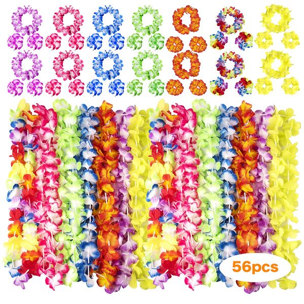 HongyiTime 56 Counts Hawaiian Leis, Luau Party Supplies of Elastic Flowers Necklaces, Headbands and Wristbands - Tropical Hawaiian Decorations, Beach Party Decorations, Birthday Party Favors