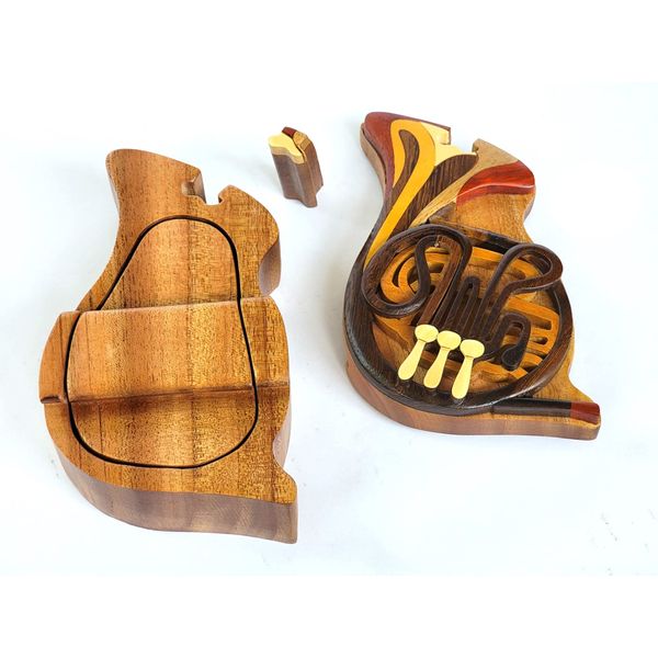 French Horn - Handcrafted Wooden Puzzle Box - Intarsia Wood Art