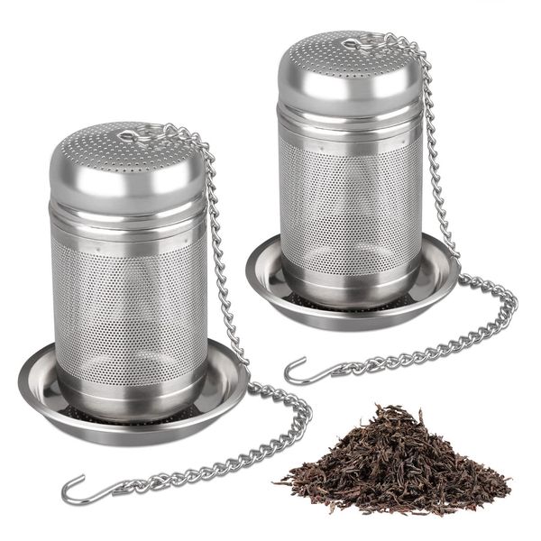 HONZUEN Tea Infuser,304 Stainless Steel Tea Strainers for Loose Tea Fine Mesh,Loose Leaf Tea Defusser Filter with Lid Chain Hook and Drip Tray for Hanging on Teapots Cups Mugs(2 Pcs)