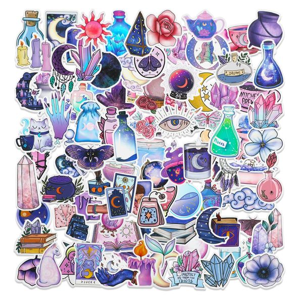 100 Stück Magic Mond Aufkleber Blumen Aufkleber Sticker Scrapbooking Wasserfest Graffiti Sticker Wasserflasche Lila Hexe Aufkleber Set für Teenager Mädchen Journaling Zubehör