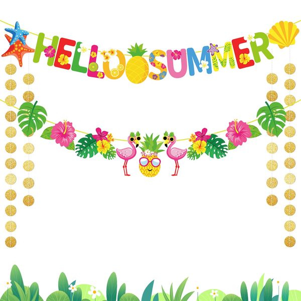 SEPGLITTER Hello Summer Banner and Gold Glittery Garland for Hawaiian Theme Tropical Beach Pool Camp Holiday Classroom Bulletin Board Birthday Happy Summer Party Decorations