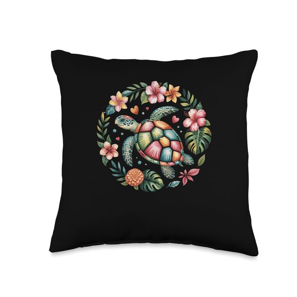 Colorful Turtle Hibiscus Floral Design Throw Pillow