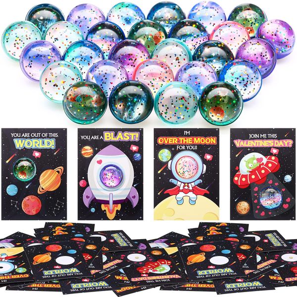 Hungdao 28 Pcs Valentine's Day Gift Card with Space Bouncy Balls Bulk Valentine's Greeting Cards Bouncing Ball Favors for Valentine School Classroom Exchange Gift