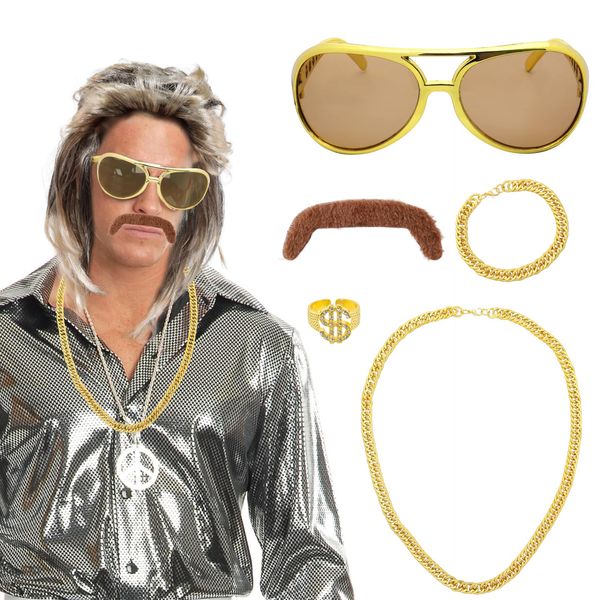 6stk 80er Jahre Outfit Herren Perücken Set 90er Jahre Outfit Accessoires Herren Vokuhila Perücke Männer mit Gold Halskette,Armband,Sonnenbrille,Schnurrbart,Goldring,für Fasching Karneval Kostüm Party