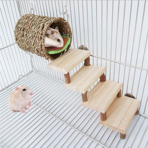 Hamster Climbing Toys,Hamster Wooden Molar Toys Wooden Stair and Drill Pipe Set Safe Climbing Hamster Accessories for Cages with Ladder for Golden Silk Bear Hamster Gerbil Etc