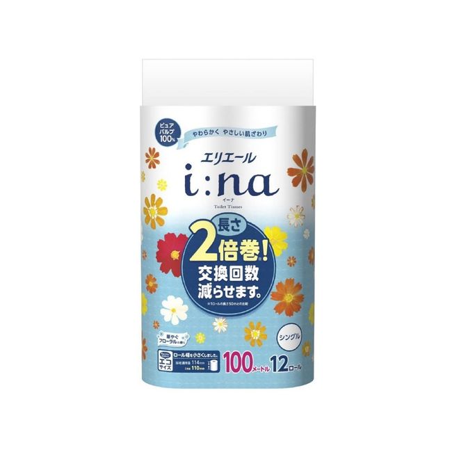 Elleair Ena Toilet Tissue Single 32.4 ft (100 m) Rolls, Gorgeous Floral Scent, 100% Pulp x 4 Packs