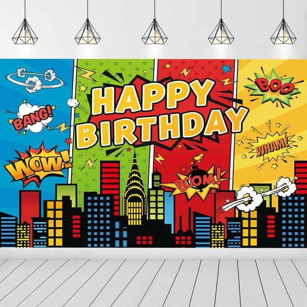 5x3ft Superhero Theme Backdrop for Children Boys Super Heros Comic Skyline Happy Birthday Party Supplies Decoration Baby Shower Backdrop Hero City Banner Decor Photography Backdrop