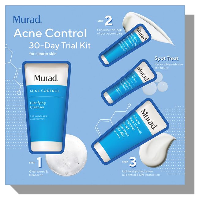 Murad Acne Control 30-Day Trial Kit - 4-Piece Trial-Size Kit $57 Value - Clarifying Cleanser, Oil & Pore Control Mattifier, Rapid Relief Acne Spot Treatment, & InvisiScar Treatment