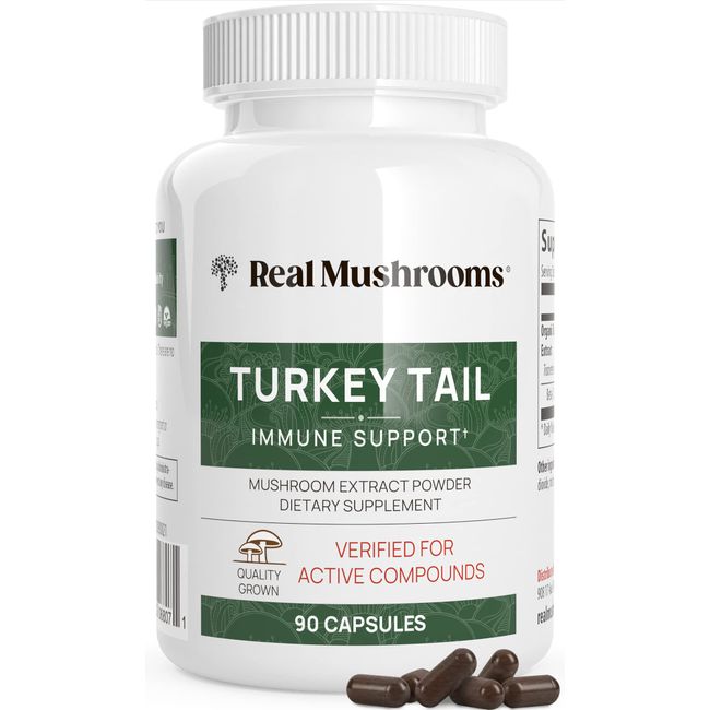 Real Mushrooms Turkey Tail Capsules - Organic Mushroom Supplement with Potent Turkey Tail Mushroom Extract for Gut, Energy, Brain, & Immune Support - Vegan Mushroom Extract, Non-GMO, 90 Caps