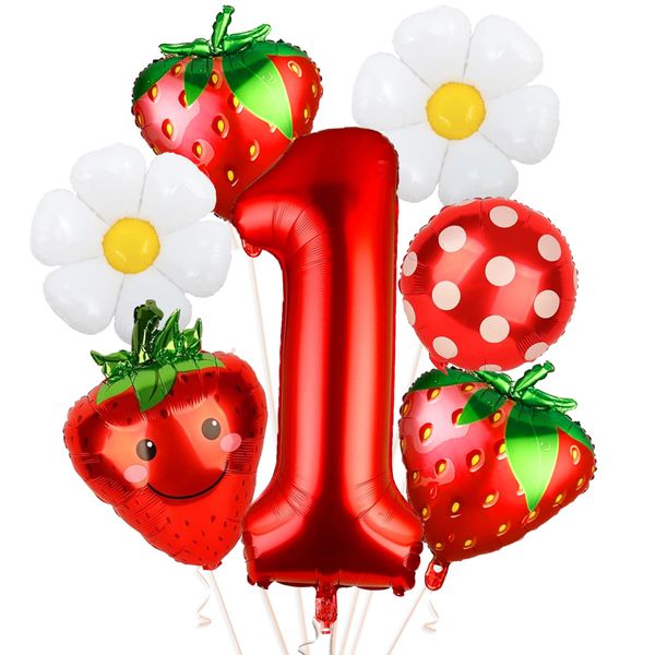 NANAGALI 7Pcs Berry First Party Decorations, 40" Red One Balloon for First Birthday Decorations Sweet One Strawberry 1st Berry First Birthday Decor Foil Helium Balloons for Girls