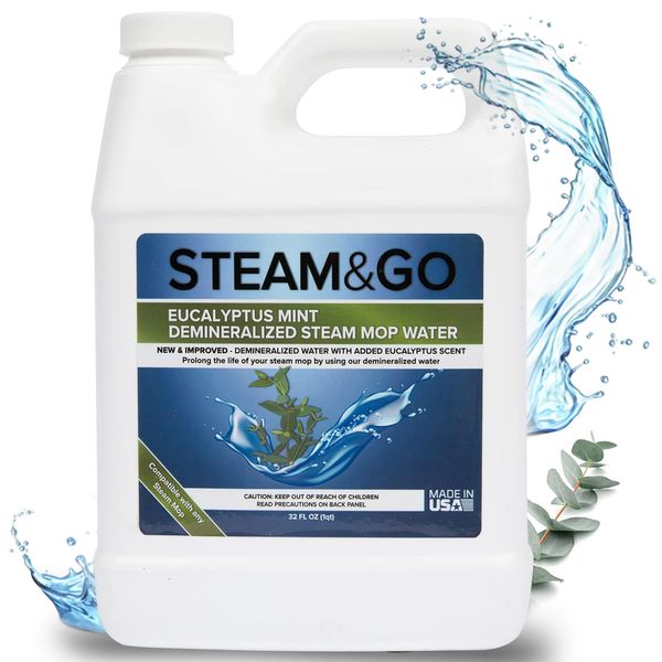 Steam & Go - Demineralized Water for Steam Cleaner, PVC-Free Floor Cleaner Liquid Compatible With Any Mop Steamer, Ready-to-Use Multisurface Cleaner, Scented Mop Solution, Eucalyptus Mint, 32 oz