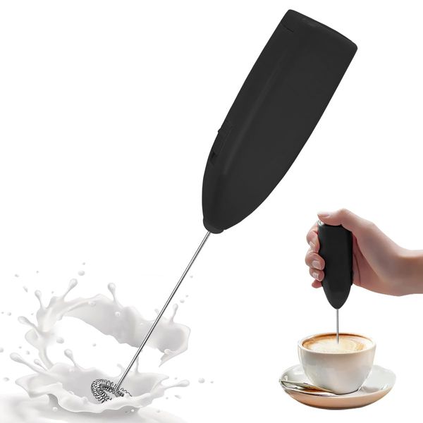 Milk Frother Handheld Whisk, LULUWA Coffee Foam Maker with Stainless Steel Hand Drink Mixer for Latte & Cappuccino & Hot Chocolate & Egg & Milkshake, Battery Powered (Black)