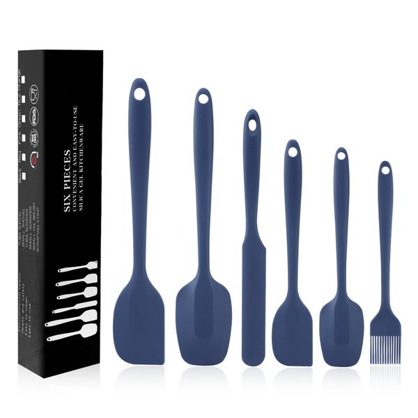 Spatulas Set of 6, Food Grade Silicone Spatulas, Rubber Spatulas Heat Resistant, Stainless Steel Core, Kitchen Utensils Nonstick for Cooking, Baking and Mixing, Pure Dark Blue