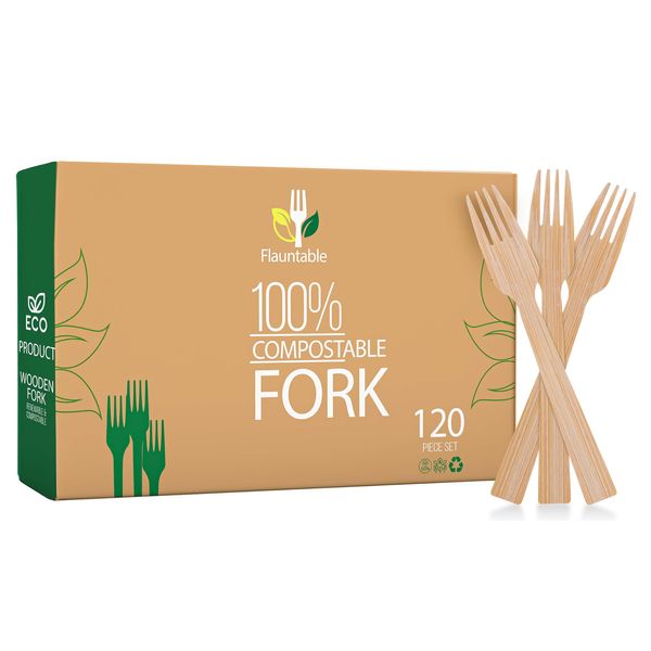 Flauntable 120 Reusable Bamboo Forks - 6.7" Large Disposable Forks - Compostable Forks Dispoasble for Wedding, Parties, Camping, Lunch & Dinner