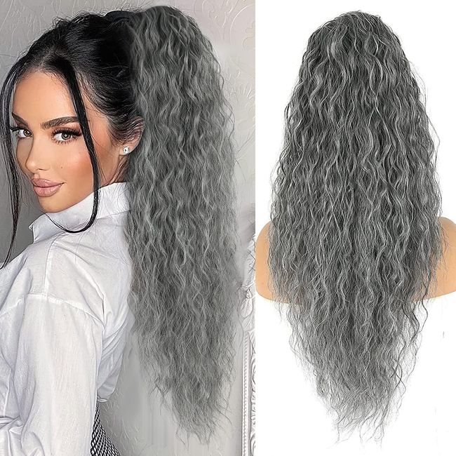 Jolelyne Gray Wavy Drawstring Ponytail for Black Women Long Grey Curly Wavy Ponytail Extension 28inch Synthetic Gray Ponytail Extension Clip in Ponytail Hairpieces for Women