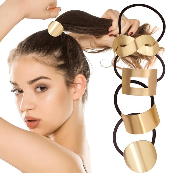 4 PCS Metal Ponytail Holder Hair Ties Gothic Punk Ponytail Hair Cuff Elastic Hair Ties for Women Gold Hair Elastic Rope for Daily Use