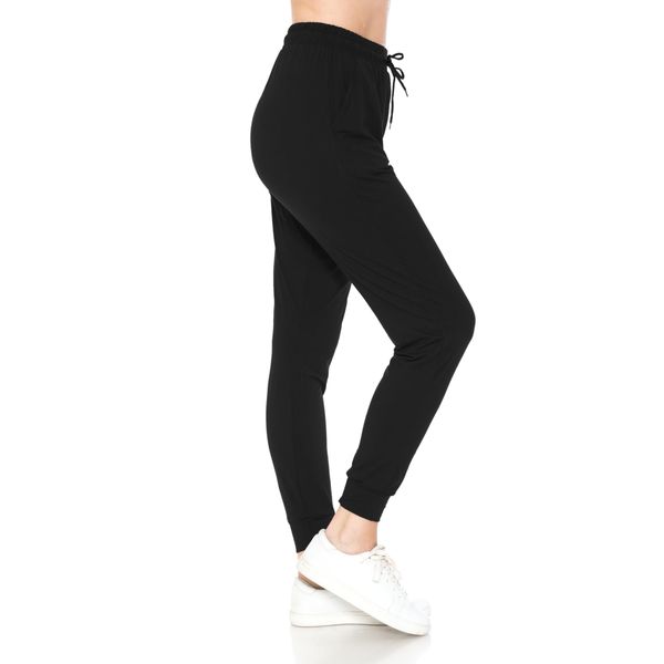 Leggings Depot Womens Relaxed fit Jogger Pants - Track Cuff Sweatpants with Pockets, Black, Medium